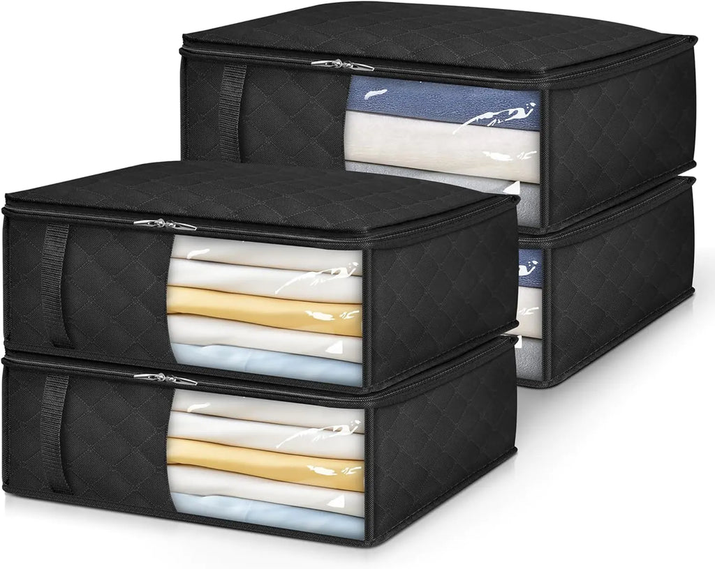 MISSLO Bed Sheet Organizers and Storage Queen/King Size Sheet Folder 4 Pack Linen Closet Organizer with Clear Window Blanket Storage Bags for Bedsheets Pillow Cases Towels Clothes